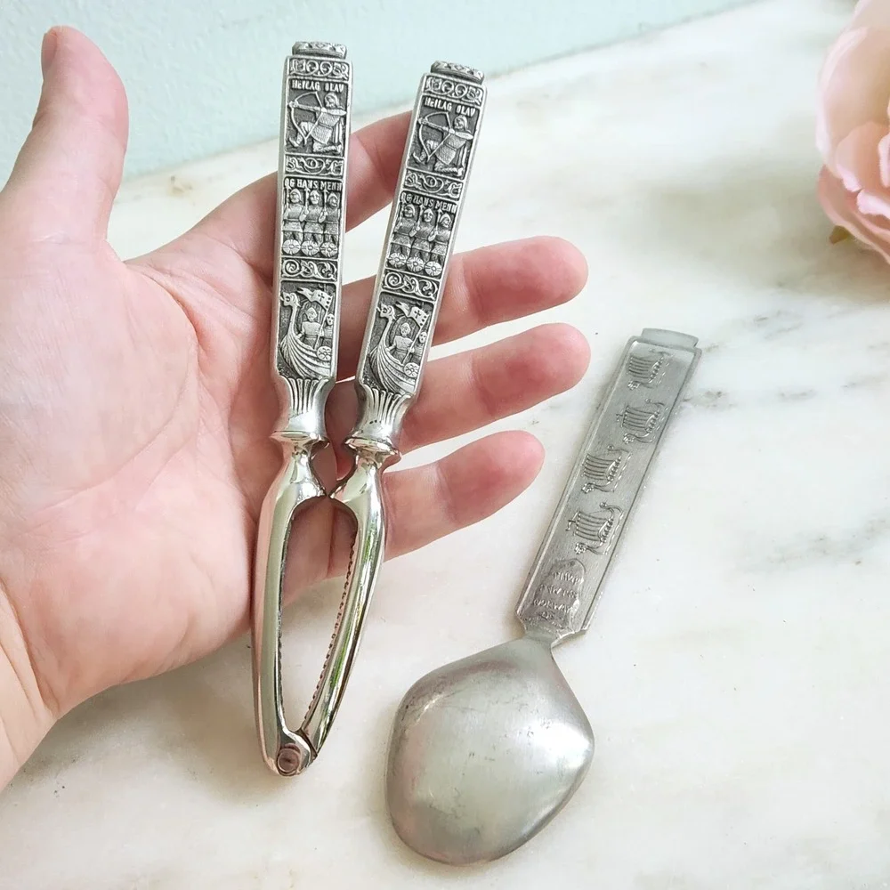 Vintage Heilag Olav‎ Pewter Norway Viking Nutcracker Spoon Set Norse Boat Motif